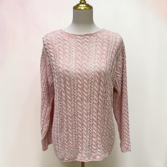 Liz Claiborne Sweaters - Liz Claiborne Petite Studio Sweater S Pink Cable Knit Pointelle Coastal Coquette